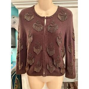 VINTAGE INTRICATELY BEADED TASSEL CASHMERE CARDIGAN SWEATER S